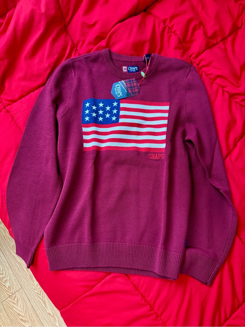 Chaps Men’s Burgundy American Flag Crewneck Sweater